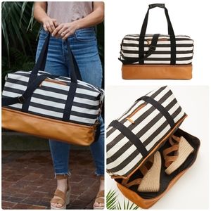 DSW Black and White Striped Bag with Tan Accents